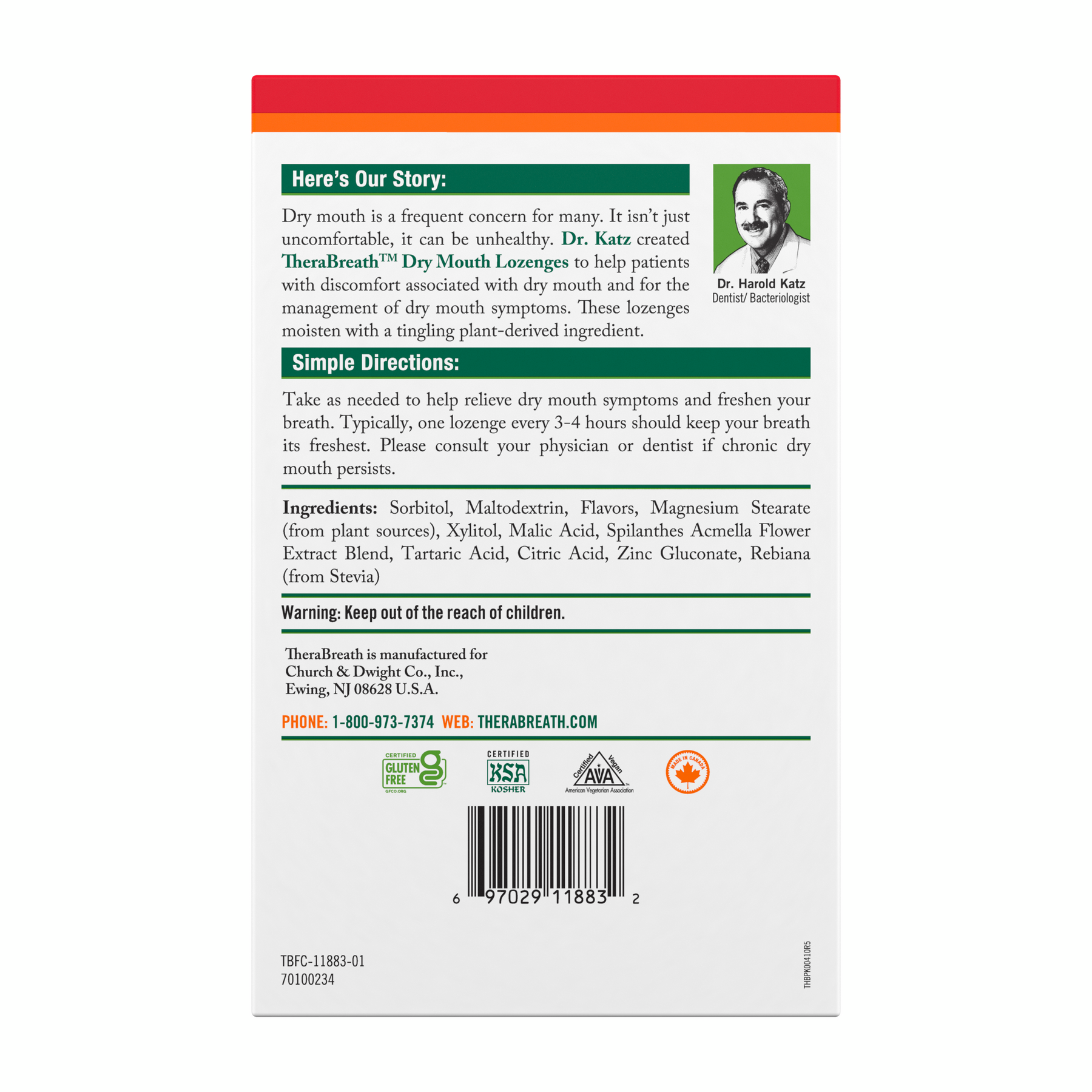 The back of TheraBreath Dry Mouth Lozenges box featuring Our Story, Simple Directions, and Ingredients