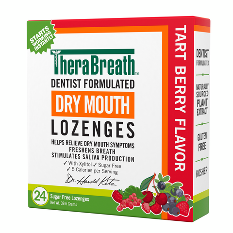 Angled view of a box of TheraBreath Dry Mouth Lozenges in Tart Berry
