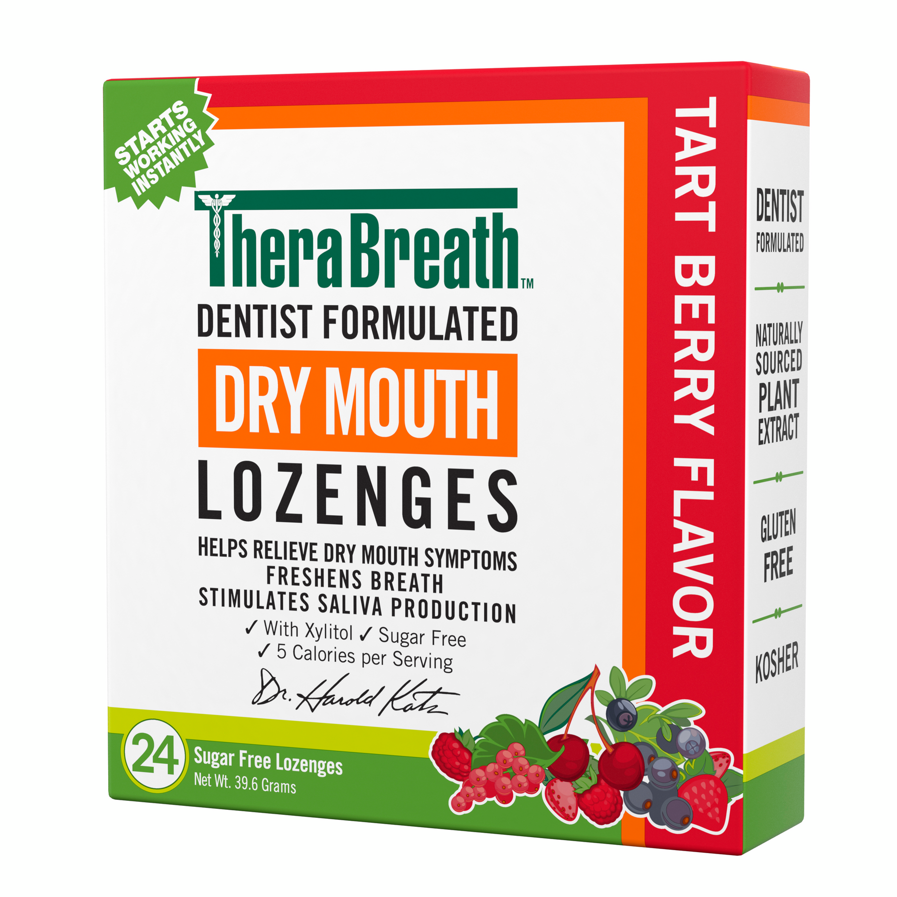 Angled view of a box of TheraBreath Dry Mouth Lozenges in Tart Berry