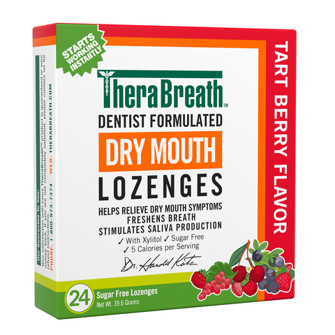 Angled view of a box of TheraBreath Dry Mouth Lozenges in Tart Berry