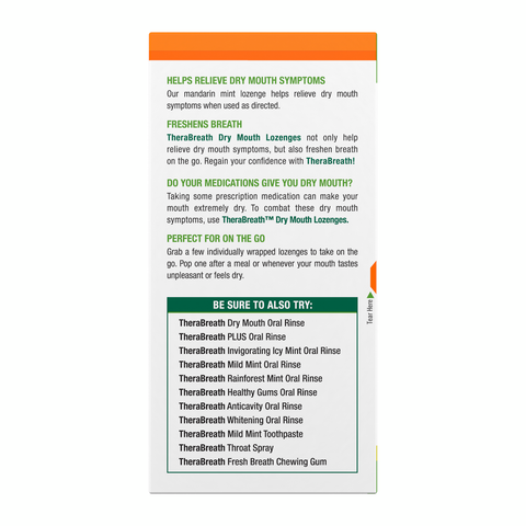 Side view of TheraBreath Dry Mouth Lozenges box displaying the benefits