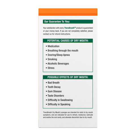 Side view of TheraBreath Dry Mouth Lozenges box with satisfaction guarantee