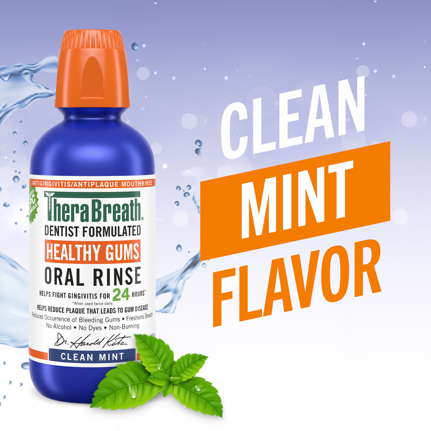 Blue bottle of TheraBreath healthy gums oral rinse in clean mint flavor bottle.