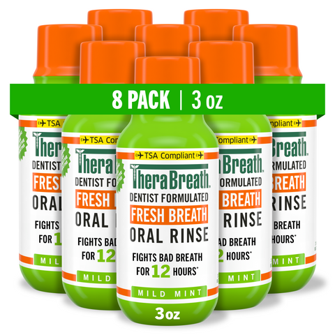 TheraBreath fresh breath oral rinse in mild mint flavor in travel size 8 pack.