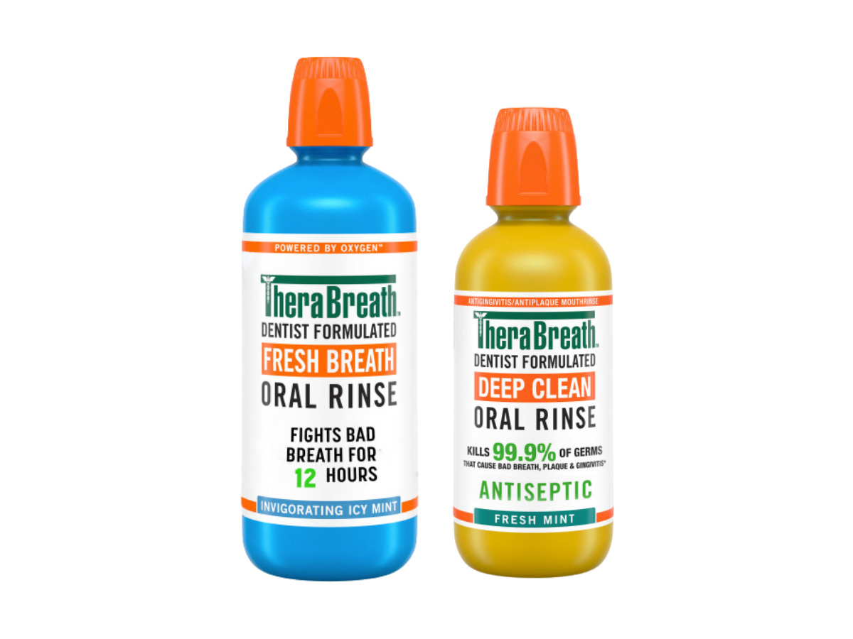 TheraBreath Fresh Breath Oral Rinse in invigorating icy Mint and deep clean Oral Rinse in fresh mint, available in various bottles.