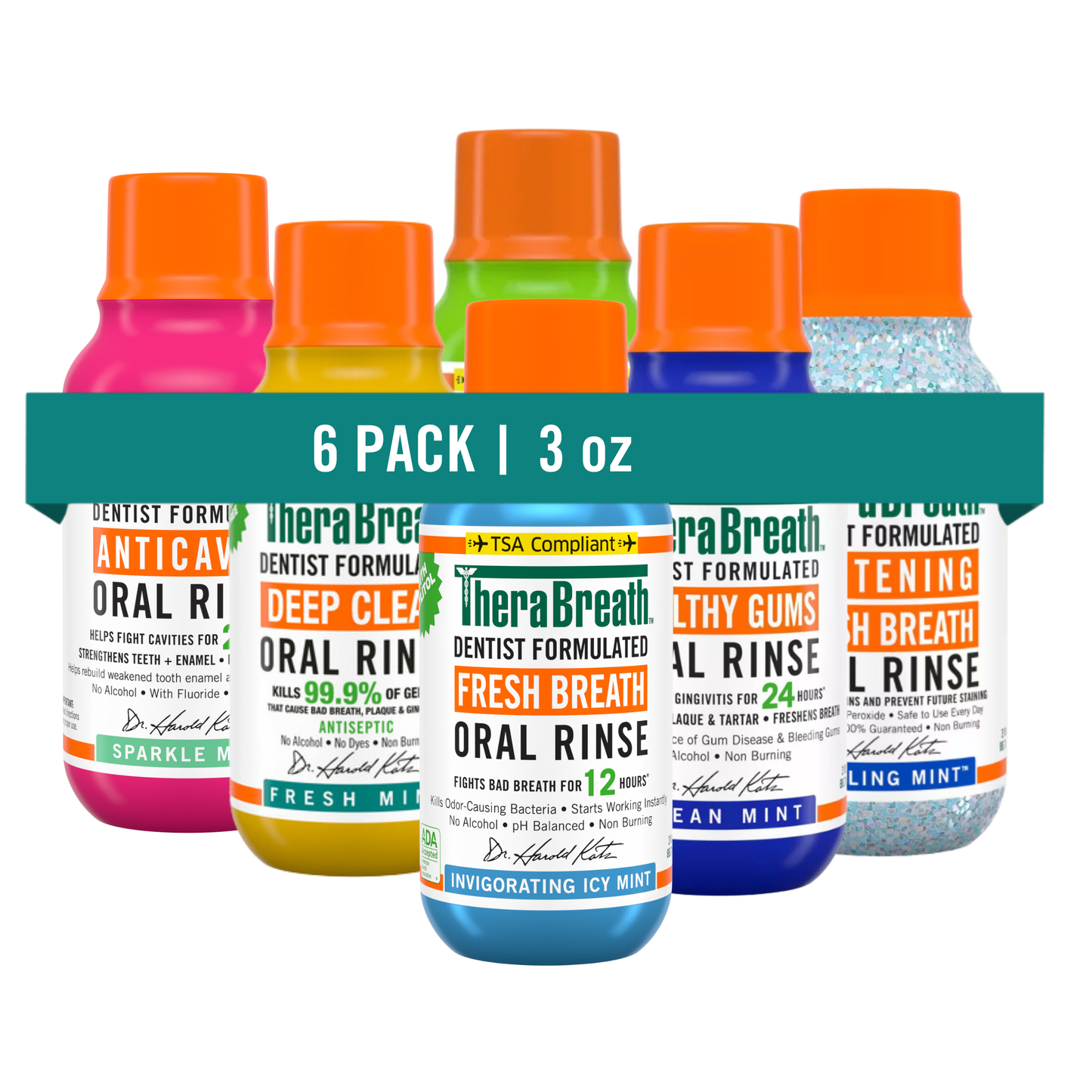 TheraBreath oral rinse in assorted flavor travel size bottle.