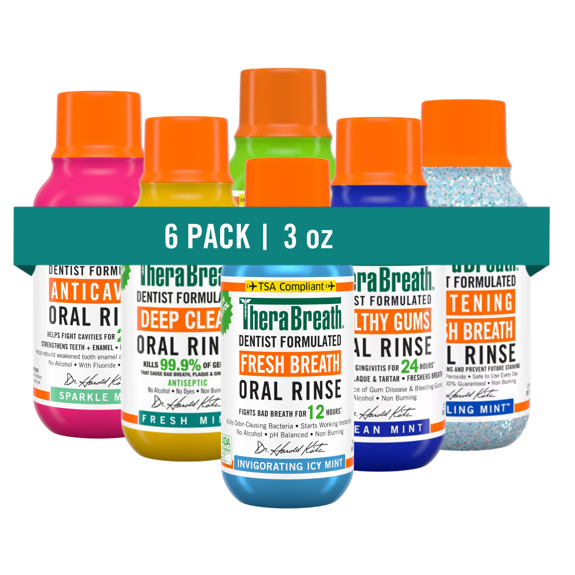 TheraBreath oral rinse in assorted flavor travel size bottle.