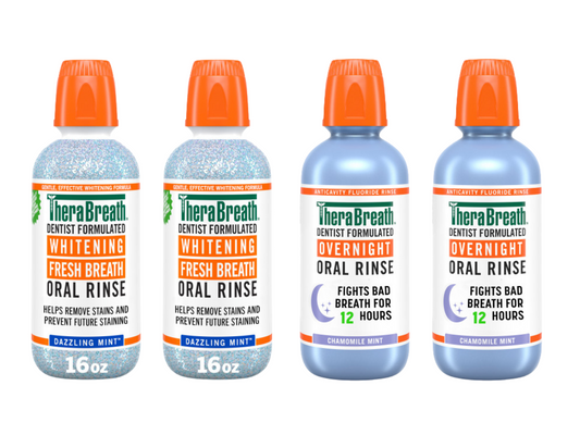 TheraBreath Whitening Fresh Breath Oral Rinse in Dazzling Mint and Overnight Oral Rinse in Chamomile Mint, available in 16oz bottles.