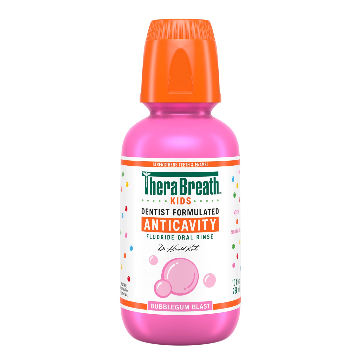 TheraBreath for kids anticavity bubblegum blast flavor bottle.