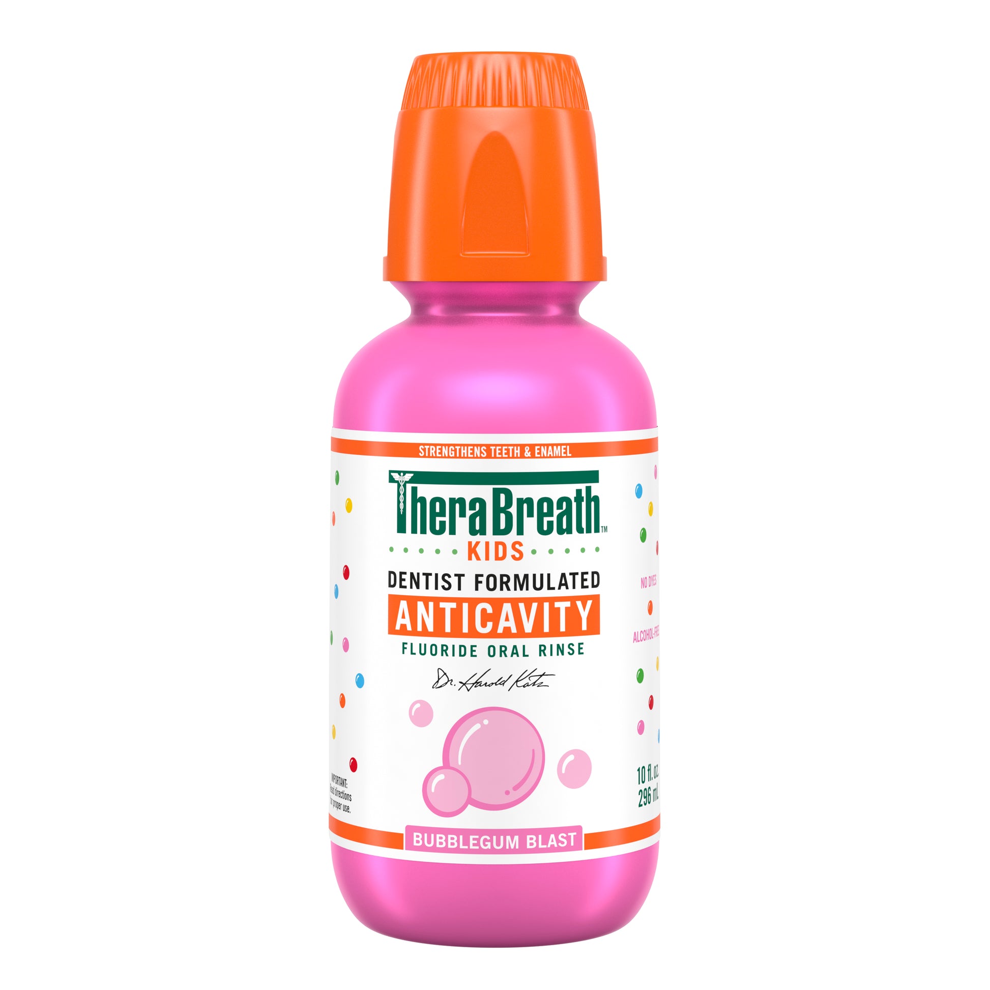 TheraBreath for kids anticavity bubblegum blast flavor bottle.