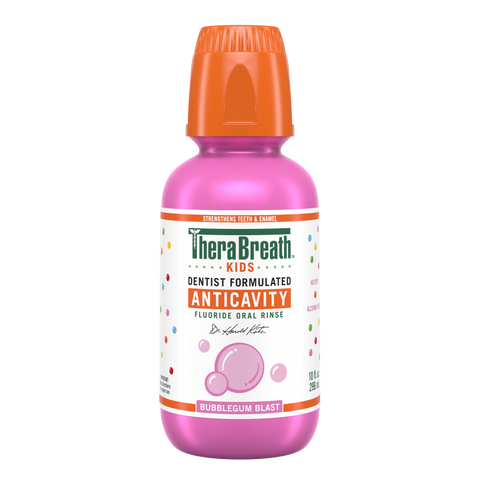 TheraBreath for kids anticavity bubblegum blast flavor bottle.