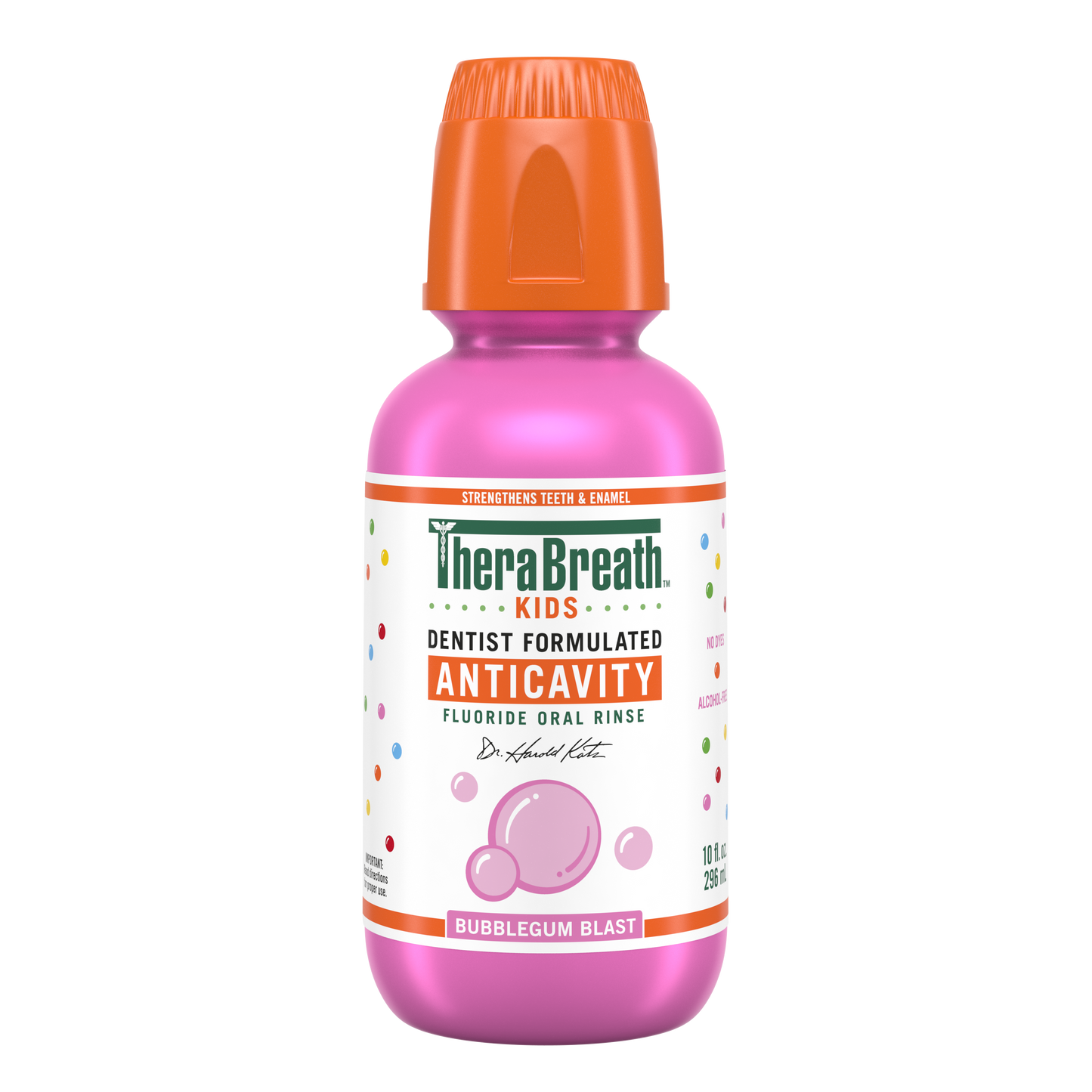 TheraBreath for kids anticavity bubblegum blast flavor bottle.