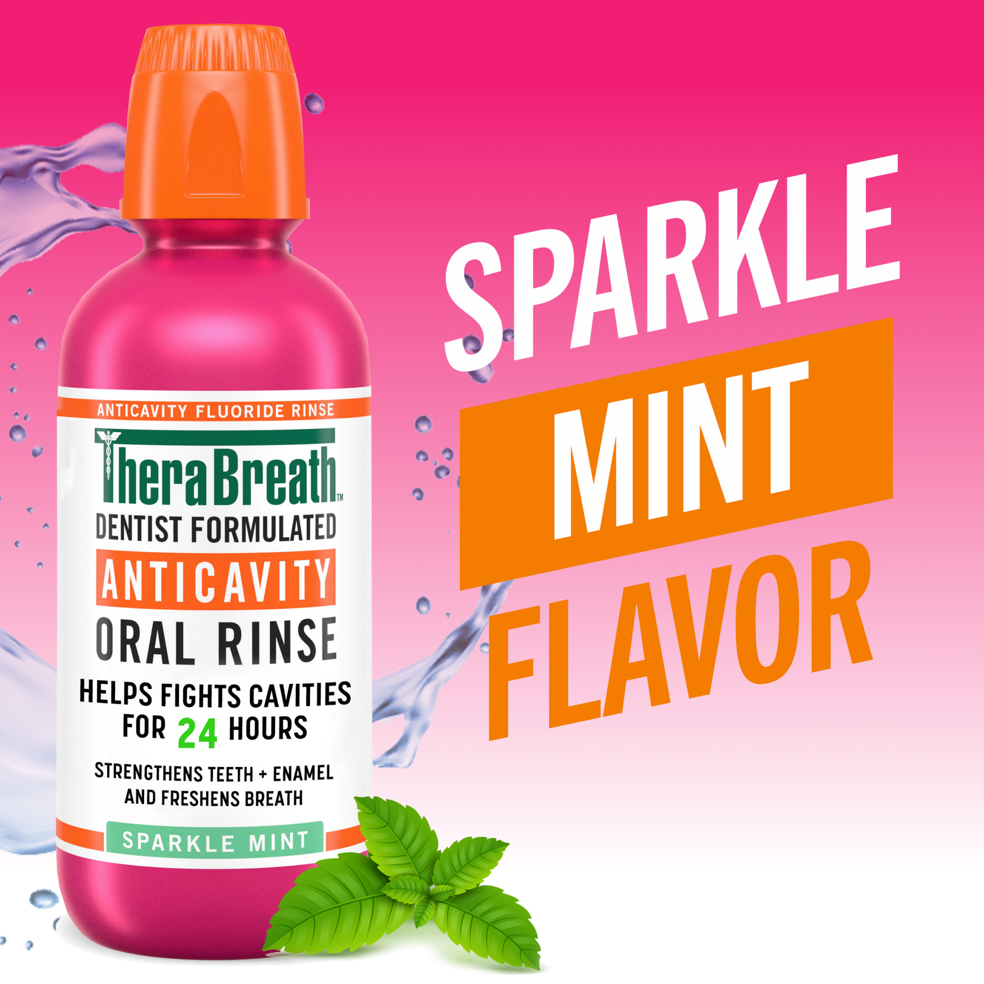 TheraBreath anticavity oral rinse in sparkling mint flavor.