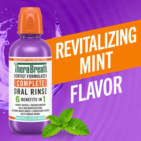 TheraBreath complete oral rinse 6 benefits in 1 in revitalizing mint flavor
