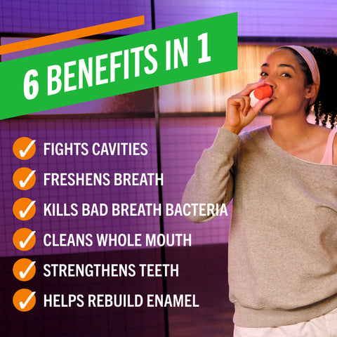 6 in 1, fight cavities, freshens breath, kills bad breath bacteria, cleans whole mouth, strengthens teeth, helps rebuilt enamel.