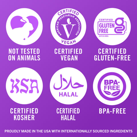 Row of TheraBreath certification seals, conveying compliance with recognized industry standards on a purple background.
