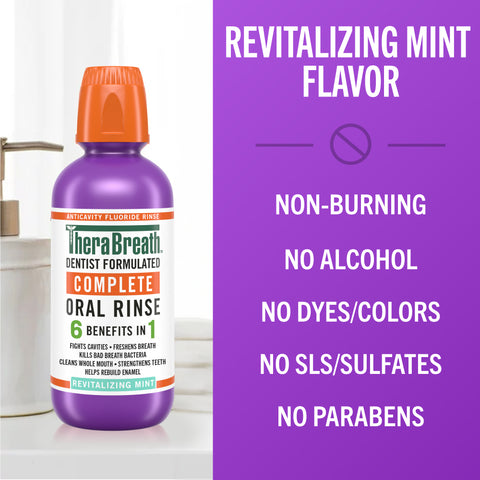 TheraBreath complete oral rinse 6 benefits in 1 in revitalizing mint flavor with benefits captions.

