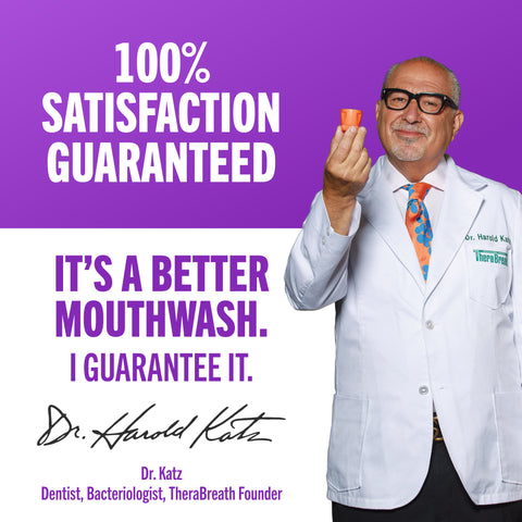 Dr. Harold Katz in a white gown with satisfaction guaranteed banner purple background.
