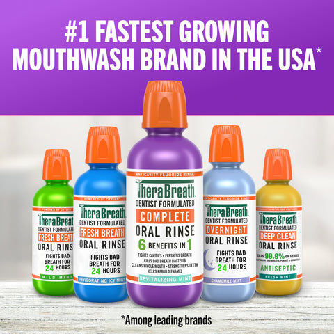TheraBreath oral rinse bottles with the captions #1 faster growing mouthwash brand in the USA.
