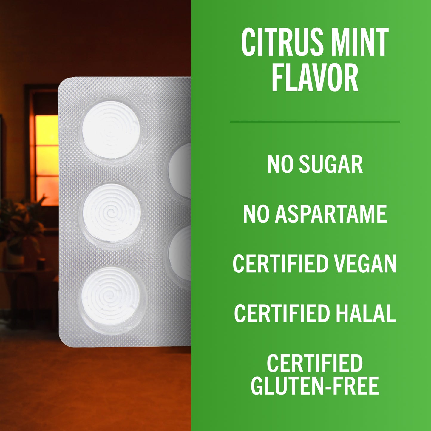 TheraBreath citrus mint flavor chewing gum, no sugar, aspartame-free, certified vegan, certified halal, and gluten-free.