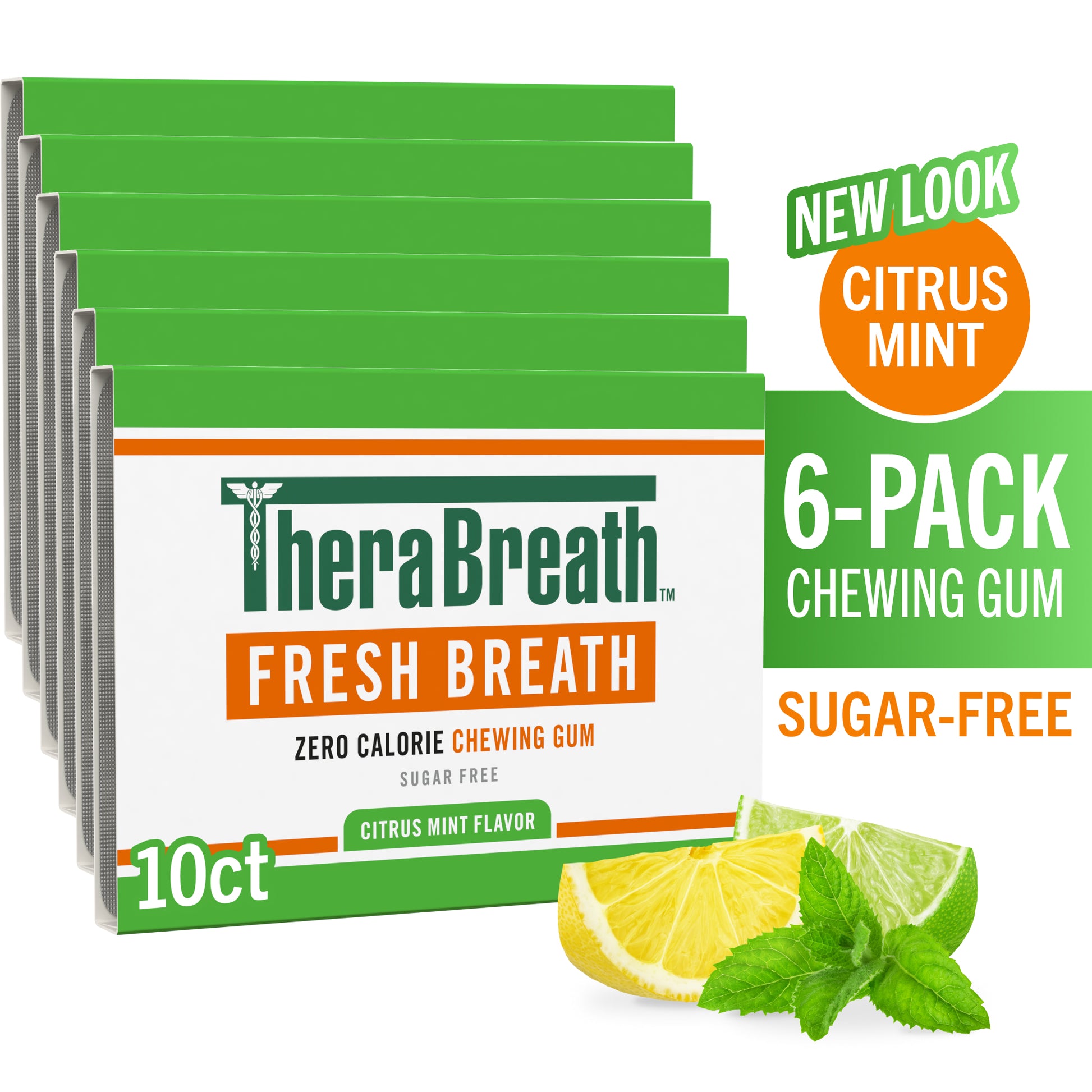 TheraBreath Fresh Breath Chewing Gum in Citrus Mint flavor, sugar-free, available in a 10-count 6-pack.