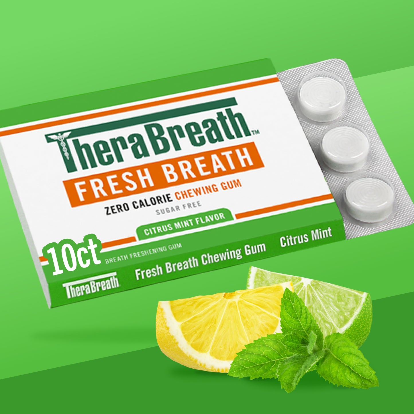 TheraBreath Citrus Mint Zero-Calorie Chewing Gum, 10-Count for Fresh Breath.