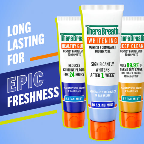 Long lasting for epic freshness TheraBreath toothpaste in assorted flavors and benefits