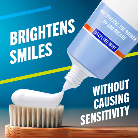 TheraBreath dazzling mint toothpaste on a toothbrush with the caption brightens smiles without causing sensitivity
