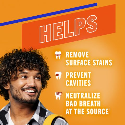 man smiling with the captions helps remove surface stains, prevent cavities, and neutralize bad breath at the source