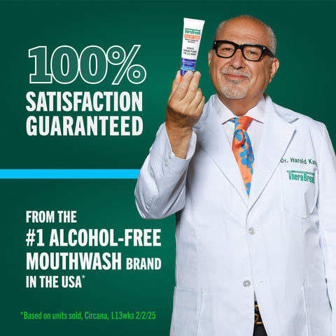 Dr. Harold Katz in a white gown with satisfaction guaranteed banner green background
