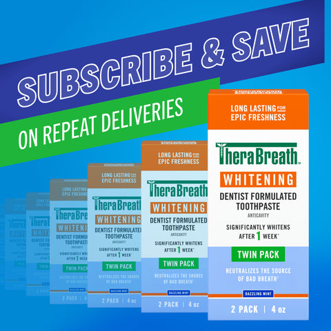 subscribe and save on repeat deliveries on TheraBreath sensitive toothpaste in dazzling mint flavor twin pack
