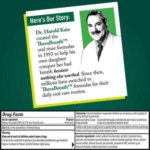 Here's our story with Dr. Harold Katz image with Drug fact of TheraBreath
