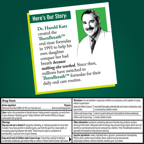 Here's our story with Dr. Harold Katz image with Drug fact of TheraBreath