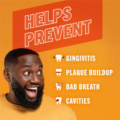 man smiling with the captions helps prevent gingivitis, plaque buildup, bad breath, and cavities