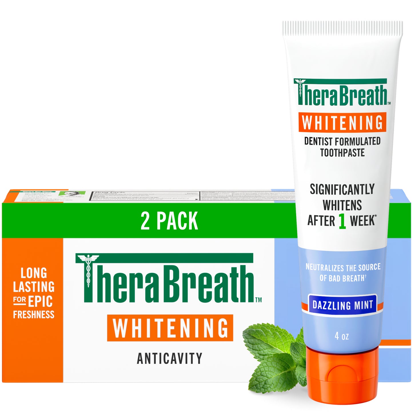 TheraBreath Whitening Toothpaste, Peroxide-Free & Anticavity, Dazzling Mint, 4 oz, 2-Pack
