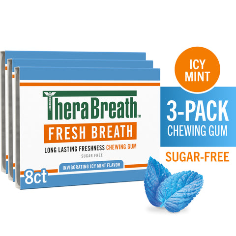 3 pack box of therabreath fresh breath zero calorie chewing gum in invigorating icy mint flavor sugar free