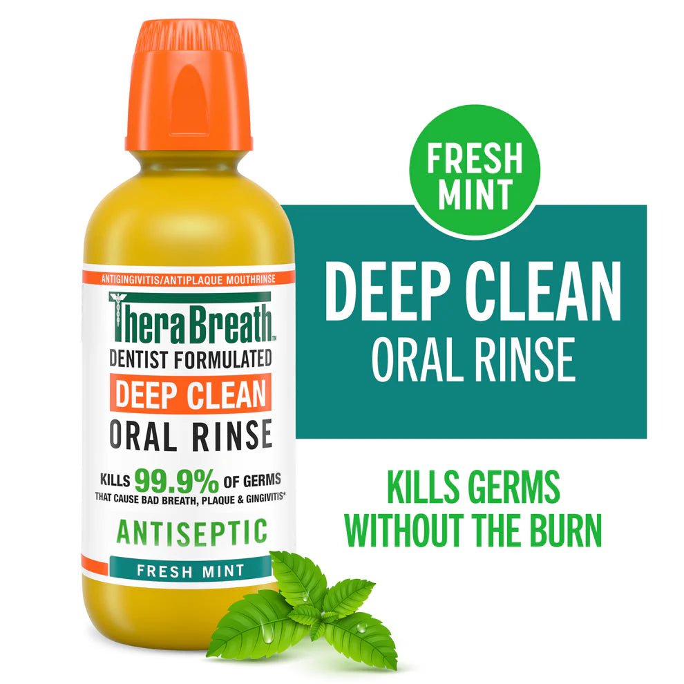 TheraBreath deep clean oral rinse in fresh mint flavor that kills germs without the burn.