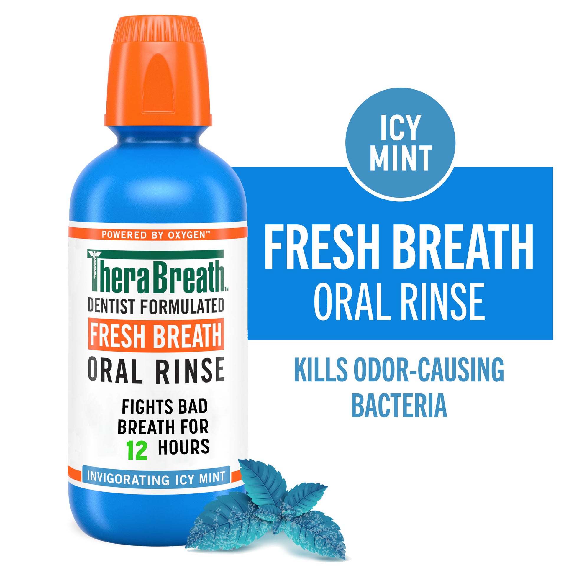 A blue bottle of TheraBreath Fresh Breath Oral Rinse Invigorating Icy Mint that kills odor-causing bacteria on a white background.