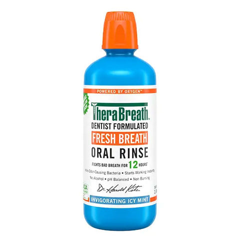 1-liter blue bottle of TheraBreath Fresh Breath Oral Rinse in Invigorating Icy Mint