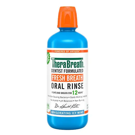 TheraBreath fresh breath oral rinse in invigorating icy mint flavor bottle.