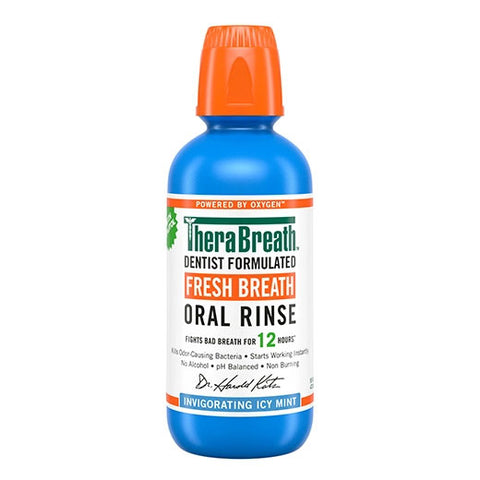 Blue bottle of TheraBreath Fresh Breath Oral Rinse in Invigorating Icy Mint on white background
