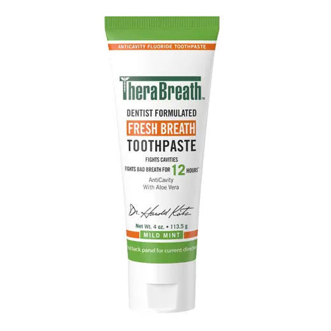 A green tube of TheraBreath fresh breath toothpaste in Mild Mint