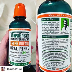 Front and back of Therabreath bottle